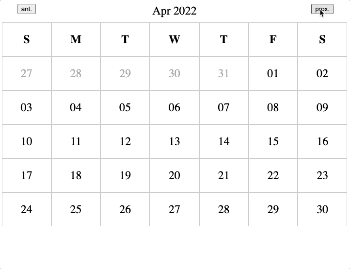 Animação do componente calendário em execução