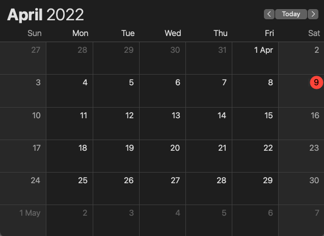 Calendário de abril 2022