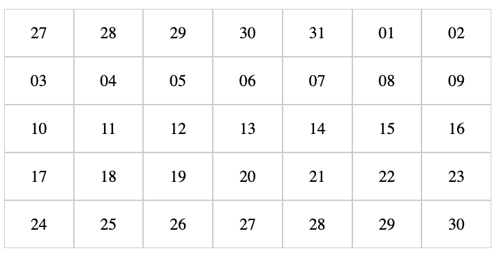 Renderização do componente calendário - grid com os dias do mês de abril