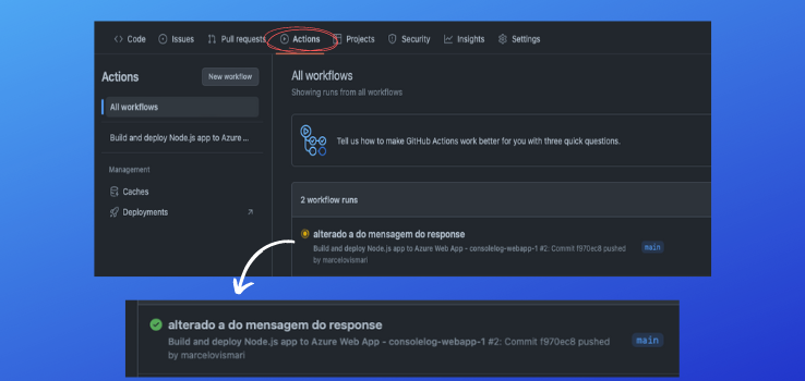 Status do deploy no menu Actions do repositório no GitHub