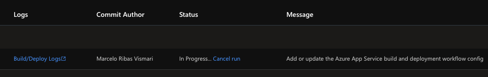 Mensagens de log do processo de deploy do App Service no portal da Azure