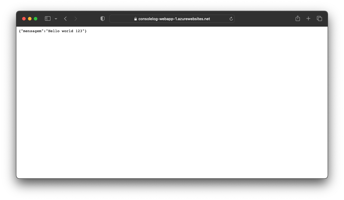App Service aberto no navegador mostrando a resposta da API recém-modificada e publicada: Hello world 123