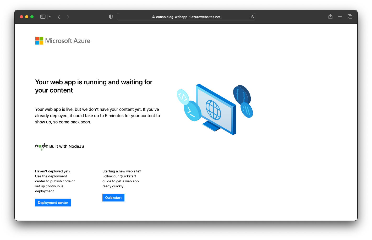 App Service aberto no navegador com uma página padrão da Azure
