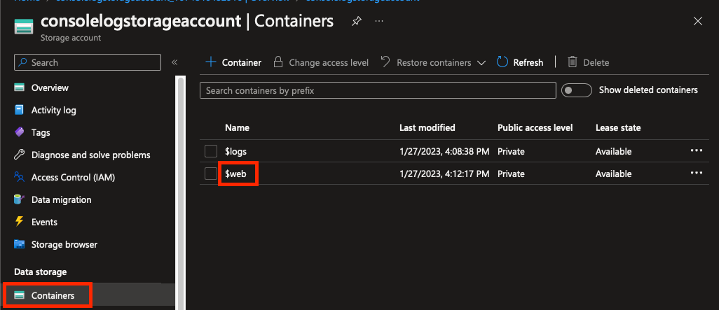 Lista de containers (armazenamento blobs): $logs e $web