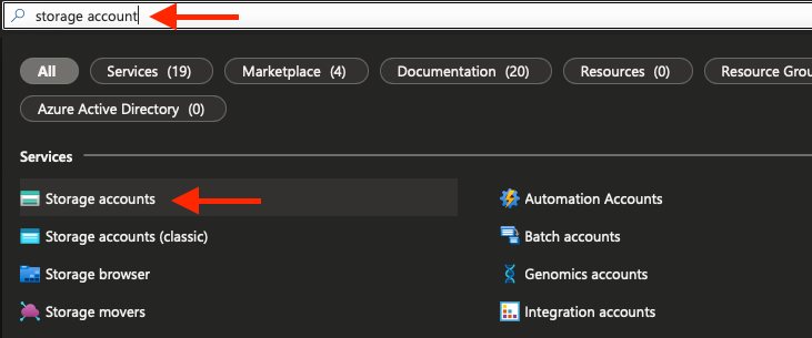 Portal da Azure - pesquisando o termo "storage account"