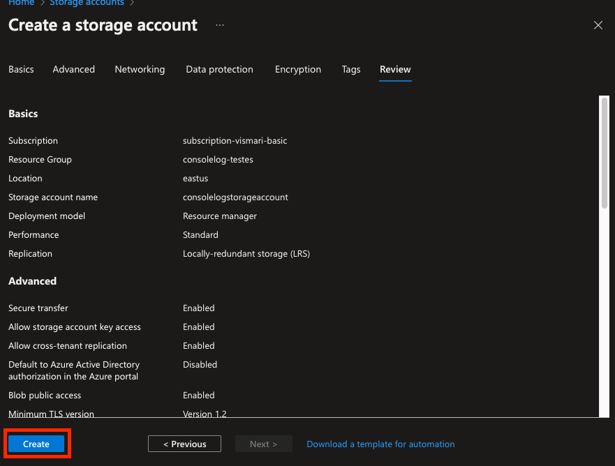 Página de revisão da criação do storage account