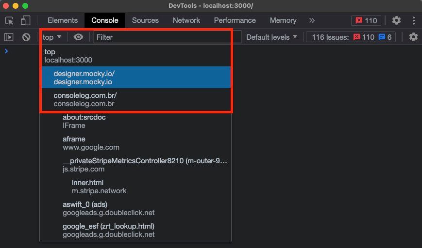 Console do DevTools mostrando as opções de contexto para execução dos comandos