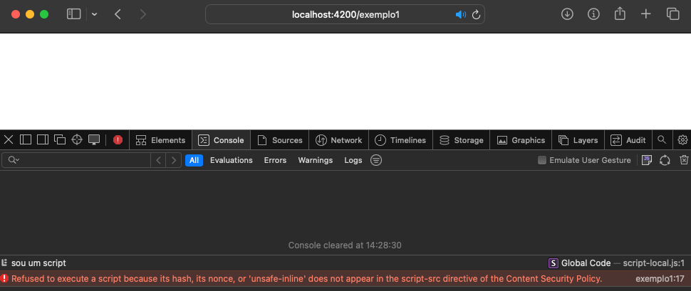 Navegador mostrando uma mensagem no console dizendo que o script inline não foi executado por não respeita o Content Security Policy