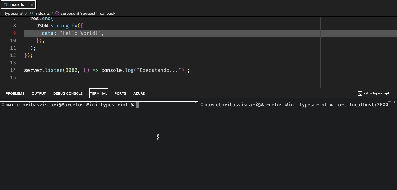 VS Code mostrando um código em execução. Quando o código é alterado, a aplicação reinicia automaticamente