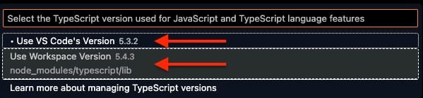 Lista de versões do TypeScript no VS Code. Neste exemplo temos as versões 5.4.3 e 5.3.2