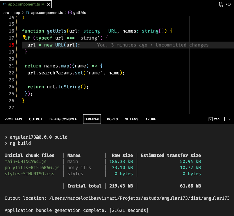 Printscreen do VS code mostrando código válido de TypeScript. Abaixo o Terminal mostra que o projeto está compilando corretamente.