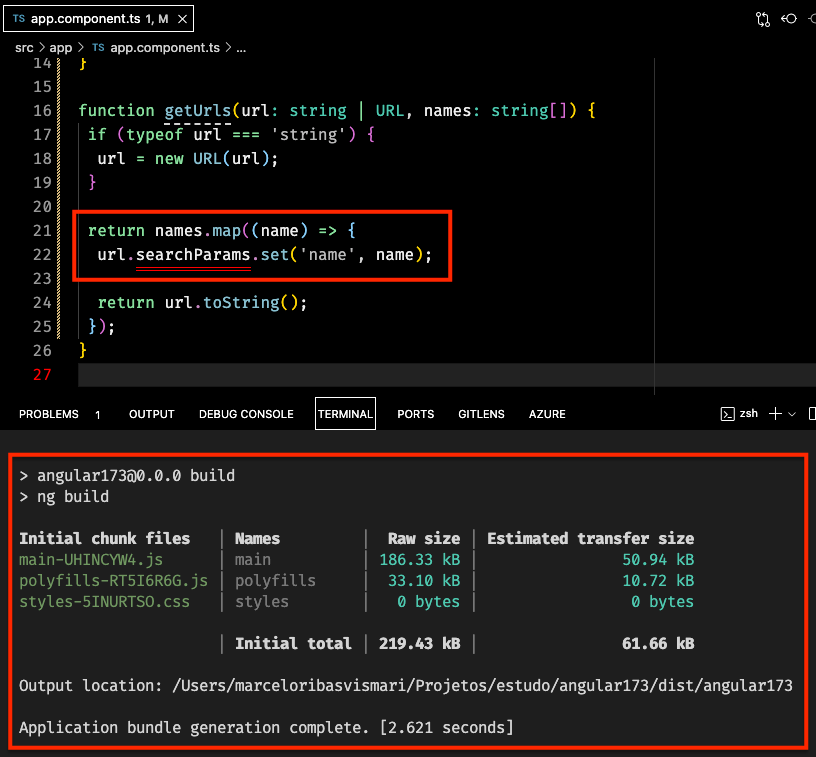 Printscreen do VS code mostrando um erro de TypeScript no meio do código fonte. Abaixo o Terminal mostra que o projeto está compilando corretamente.