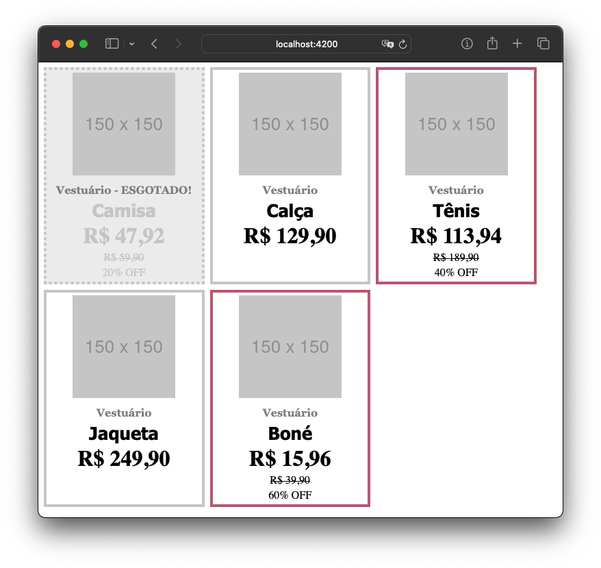 Navegador mostrando o conteúdo do endereço localhost:4200. Na página, há 5 quadrados, onde cada um representa um projeto.