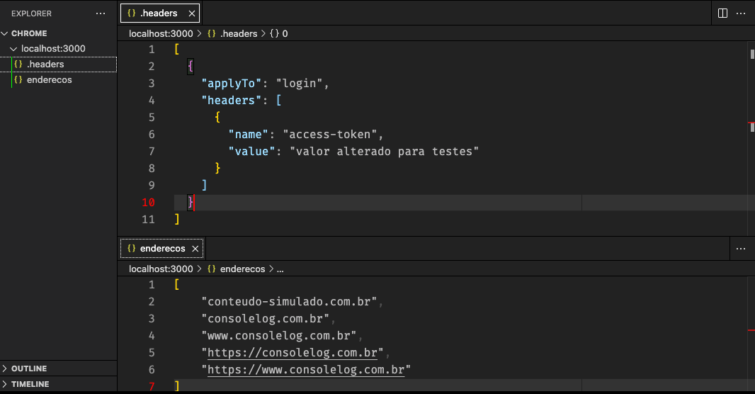 VS Code mostrando o conteúdo do arquivo "enderecos.json" e ".headers.json"