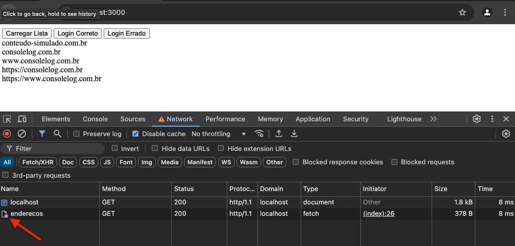 Devtools mostrando uma bolinha roxa no recurso "/enderecos" na aba Network (Rede) indicando o override