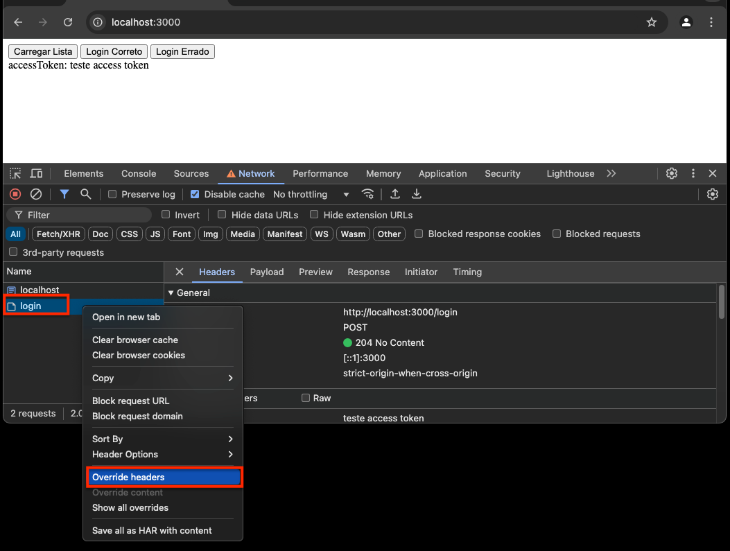 Devtools mostrando a opção "Override headers" no recurso "/login" na aba Network (Rede)