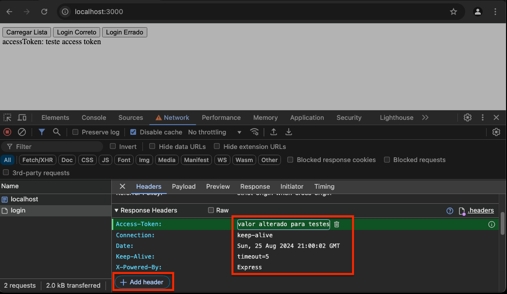 Devtools mostrando a possibilidade de edição ou inclusão dos cabeçalhos de resposta do recurso /login