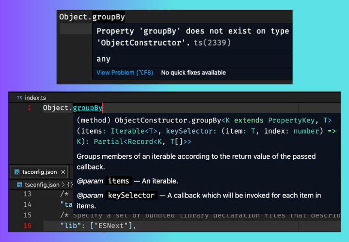 VS Code mostrando o erro de TypeScript por não encontrar a função groupBy. Na segunda imagem o erro foi corrigido