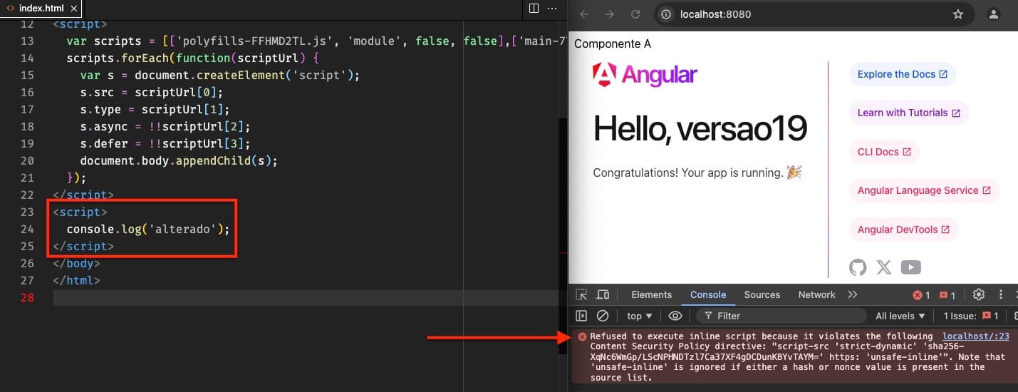 À esquerda o VS Code mostra um script que foi adicionado no arquivo index.html. À direita o navegador mostra um erro de CSP.