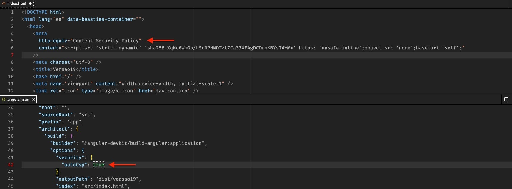 VS Code mostrando o hash gerado no arquivo index.html e a opção autoCsp no arquivo angular.json