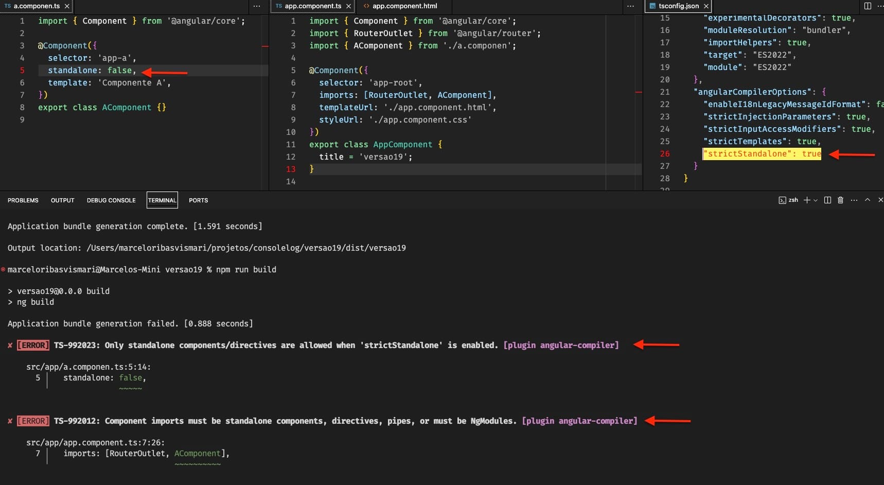 VS Code mostrando o erro de compilação devido a presença de componentes que não usam o Standalone