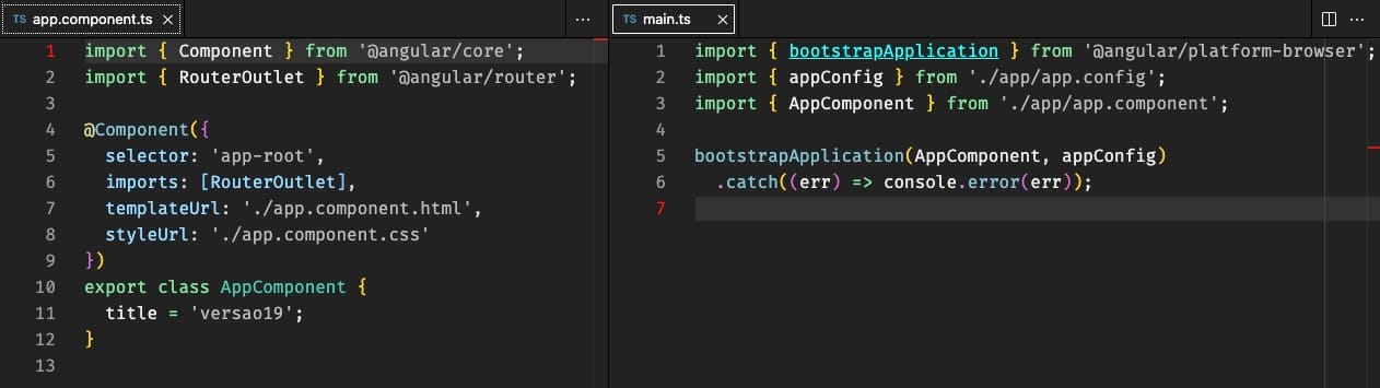 VS Code mostrando dois códigos gerados pelo CLI: app.component.ts e main.ts