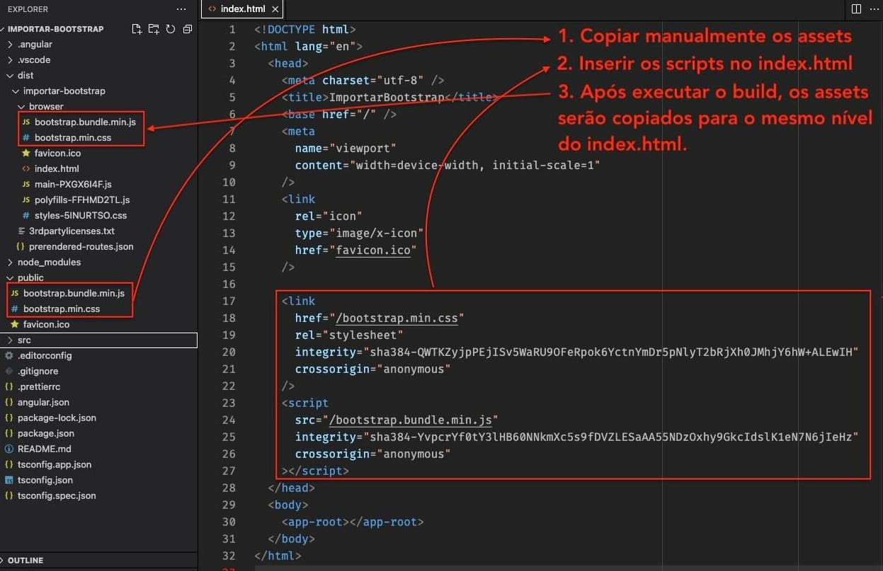 Visual Code mostrando o arquivo index.html e no Solution Explorer os assets copiados do Bootstrap