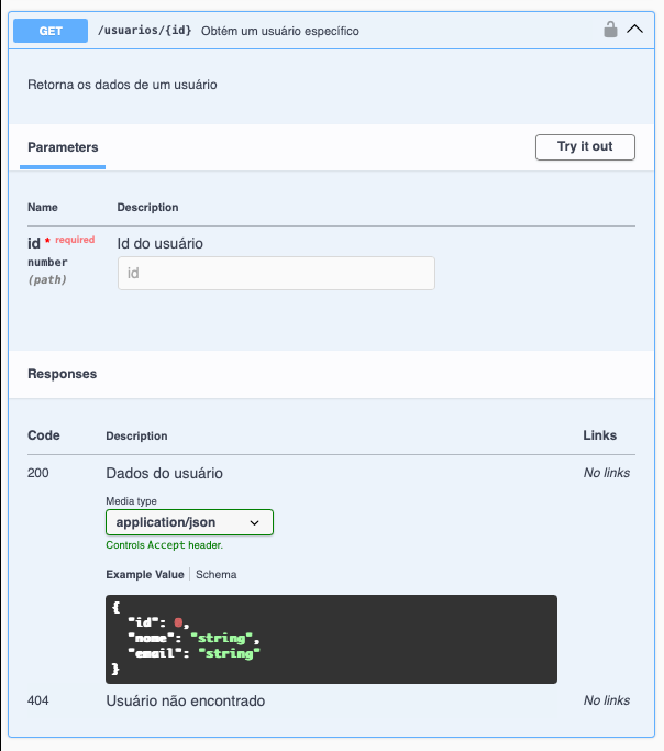 Navegador mostrando um trecho da documentação da API, dando ênfase em como o parâmetro do endpoint é apresentado