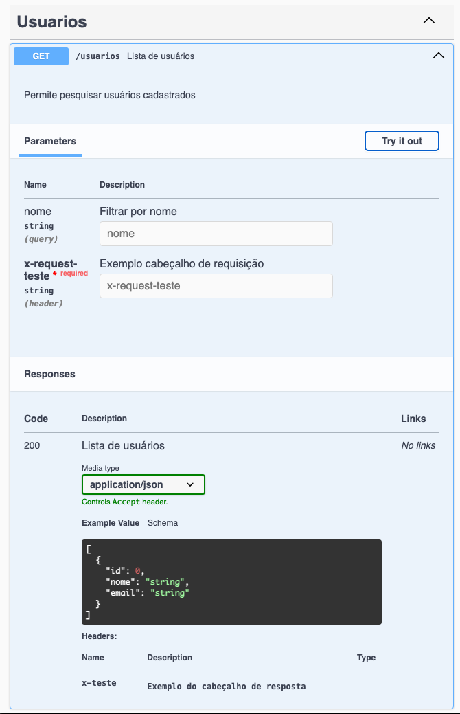 Navegador mostrando o trecho da documentação da API, focando em como as query strings, headers e body de resposta são exibidos.