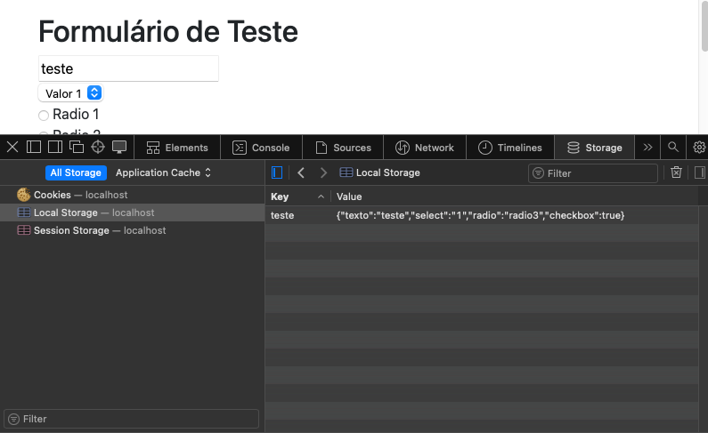DevTool do navegador mostrando os dados do localStorage