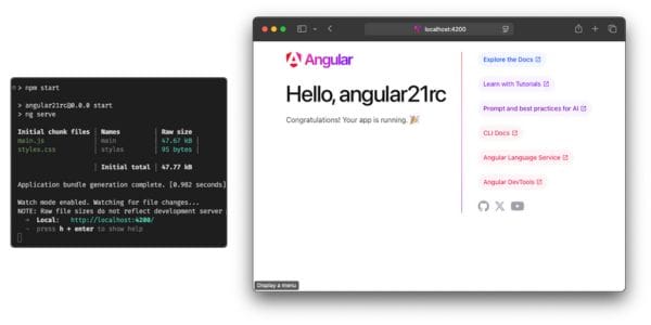 Imagem mostrando o prompt com o comando "npm start" e o navegador no endereço "localhost:4200"